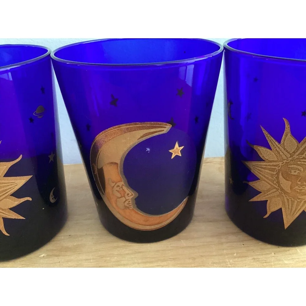 Set 3 Culver Cobalt Blue Glasses Gold Sun Moon Stars USA 12 oz Cocktail Glass